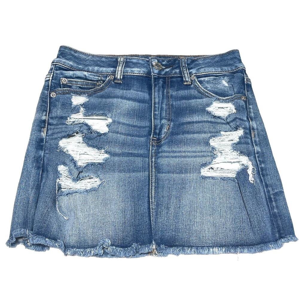 American Eagle Hi Rise Mini Jean Skirt Blue Medium Wash Distressed Denim Size 4